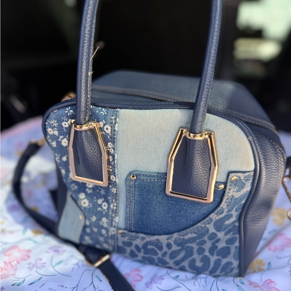 Cato Blue Patchwork Denim Satchel with Gold Hardware